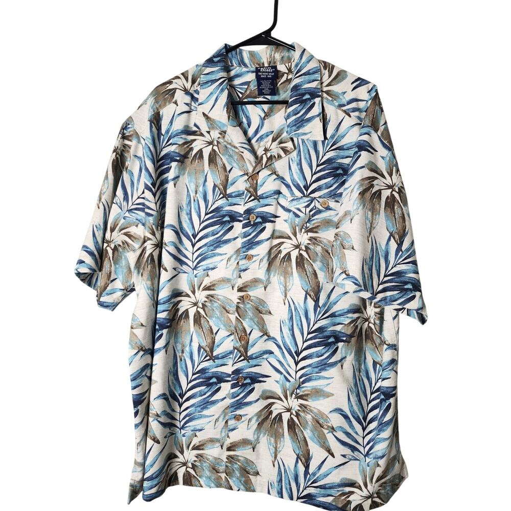 John Blair Hawaiian Shirt Size 2XL Beige Blue Tropical Palm Short‎ Sleeve Button
